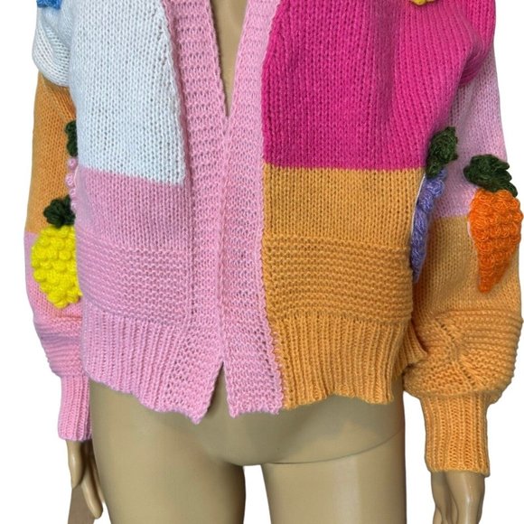 Women Open Knit Sweater Cardigan Medium Pink Orange Colorblock Fruit Embroidery - Picture 9 of 15